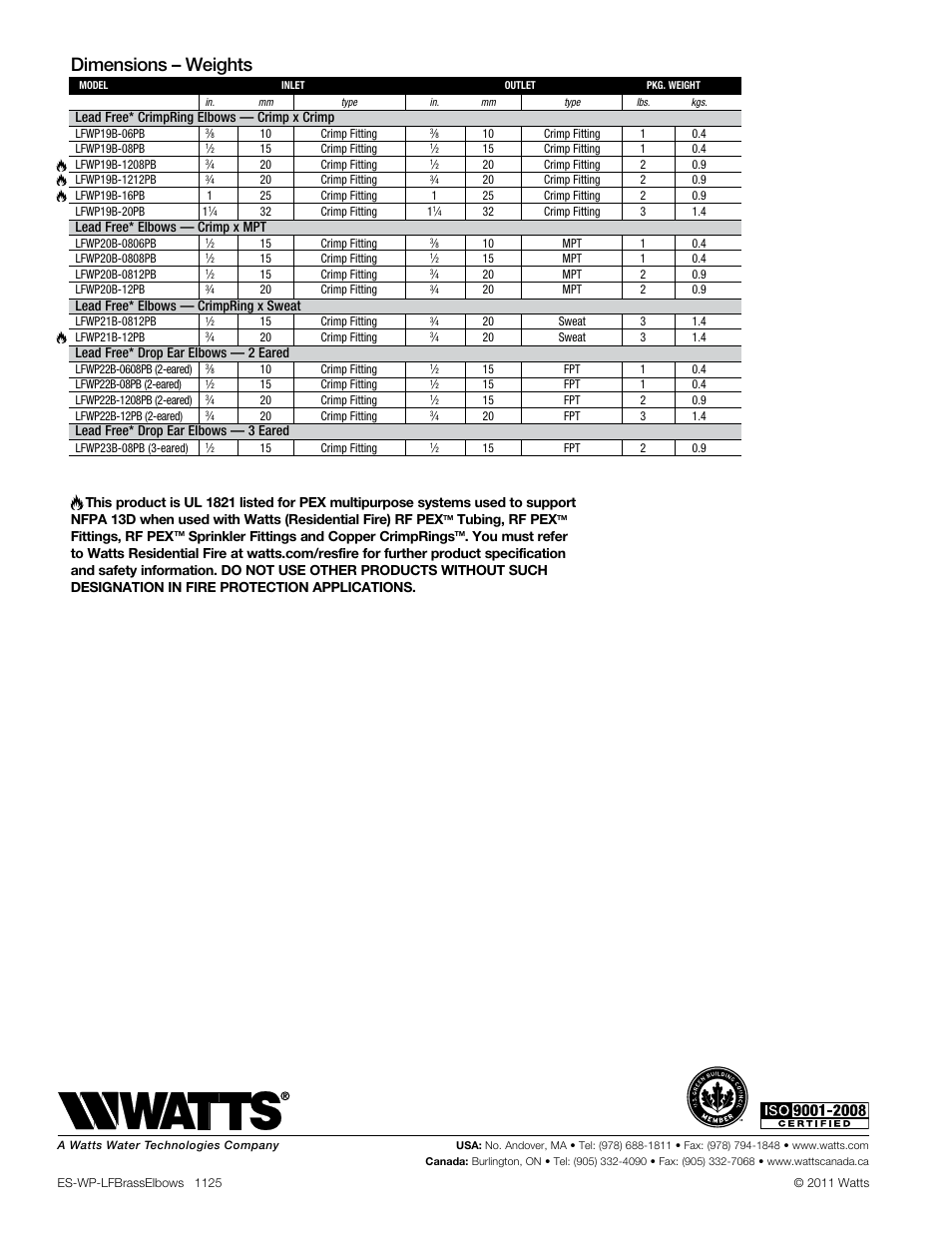 Dimensions – weights | Watts LFWP23B User Manual | Page 2 / 2