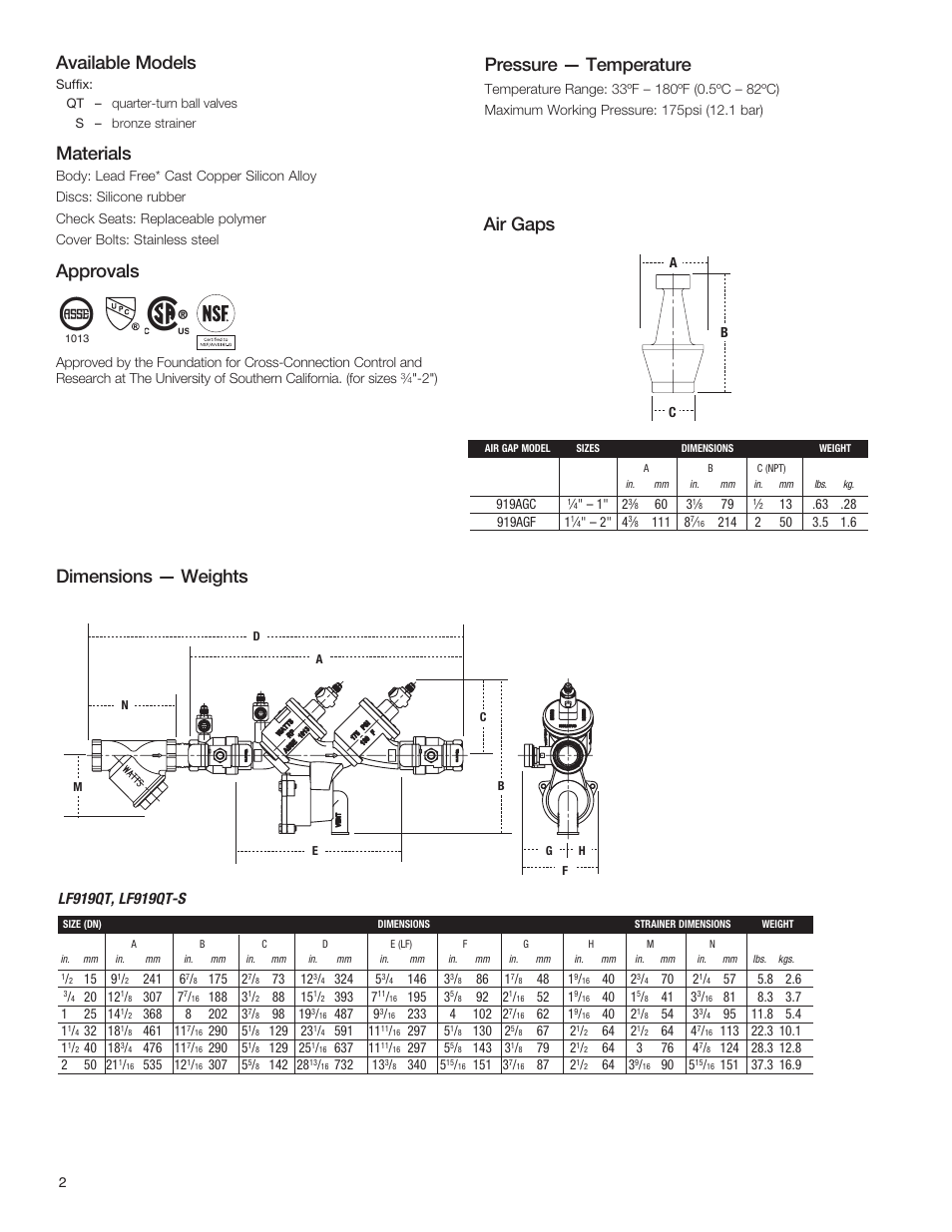 Available models, Materials, Approvals | Dimensions — weights, Air gaps, Pressure — temperature | Watts LF919 User Manual | Page 2 / 3