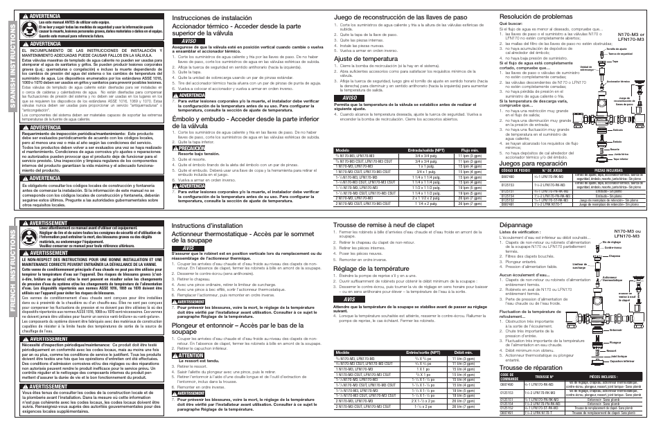 Ajuste de temperatura, Resolución de problemas, Trousse de remise à neuf de clapet | Réglage de la température, Dépannage, Trousse de réparation, Juegos para reparación, Aviso, Avis, Attention | Watts LFN170 CSUT User Manual | Page 2 / 2