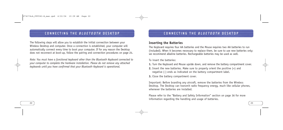 Inserting the batteries | Belkin BLUETOOTH F8T042UKB User Manual | Page 13 / 23