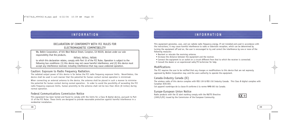 Belkin BLUETOOTH F8T042UKB User Manual | Page 21 / 23