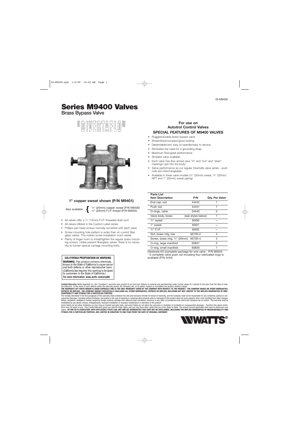 Watts Divertaflo M9400 Series User Manual | 2 pages