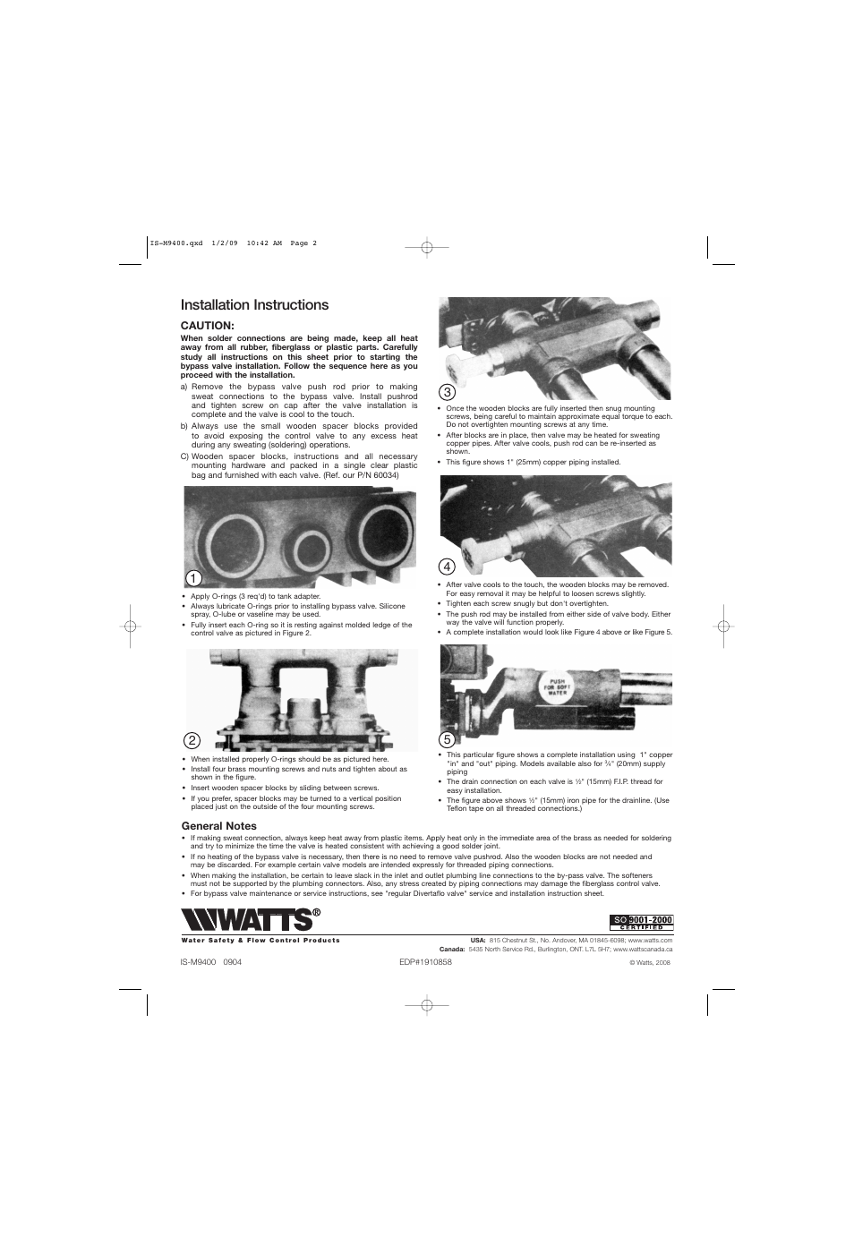 Installation instructions, Caution | Watts Divertaflo M9400 Series User Manual | Page 2 / 2