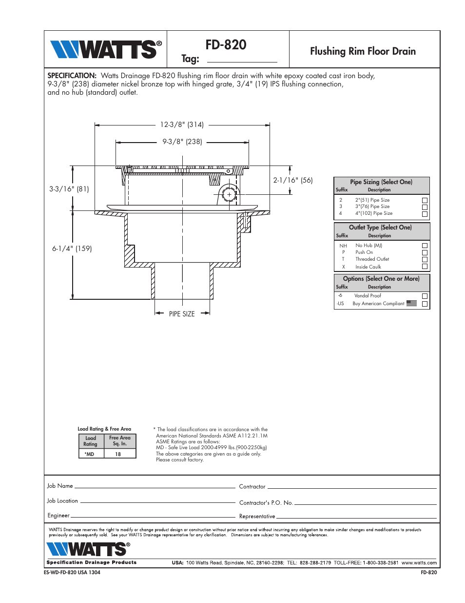 Watts FD-820 User Manual | 1 page