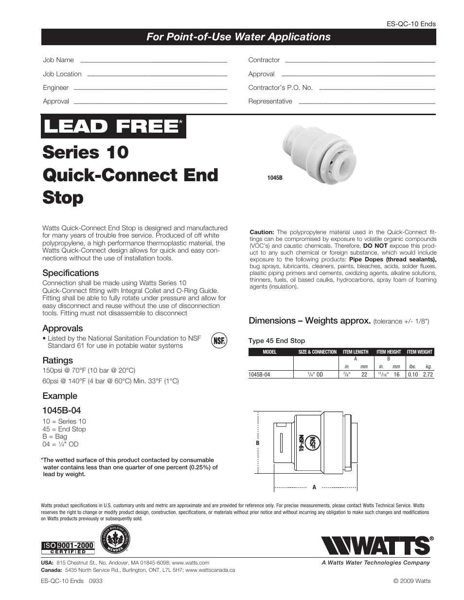 Watts 1045B User Manual | 1 page