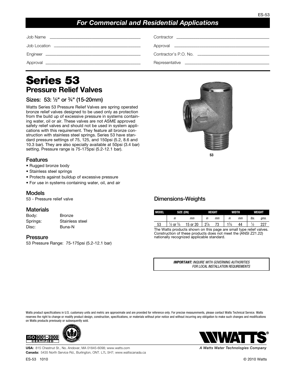 Watts 53 User Manual | 1 page