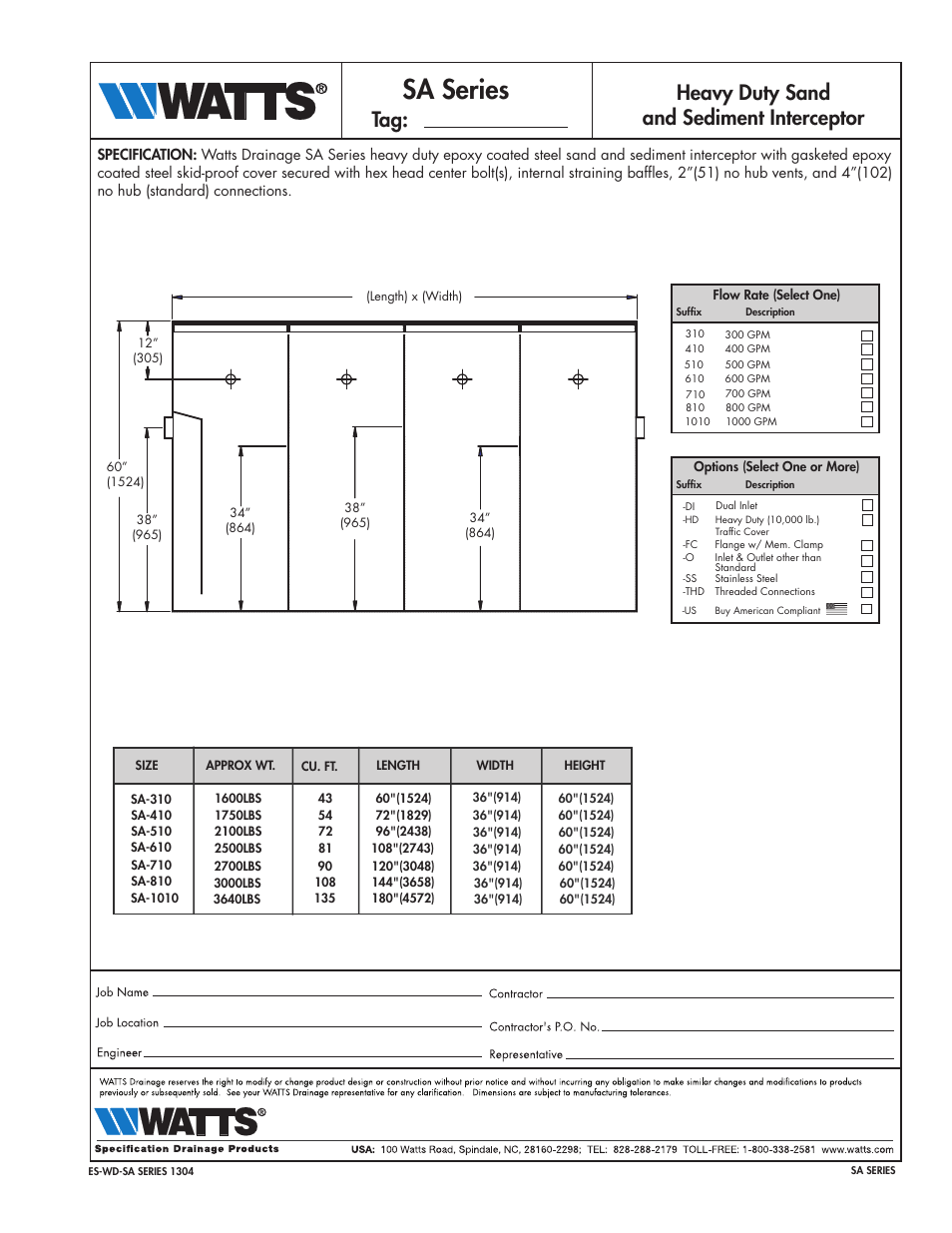 Watts SA-SERIES User Manual | 1 page