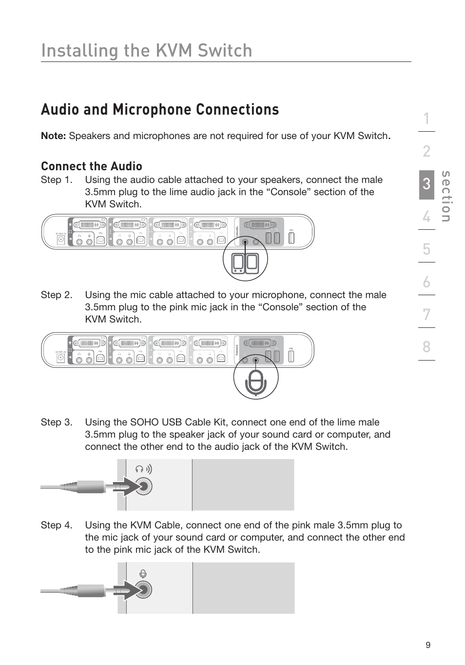 Installing the kvm switch, Audio and microphone connections | Belkin F1DD102L User Manual | Page 11 / 39