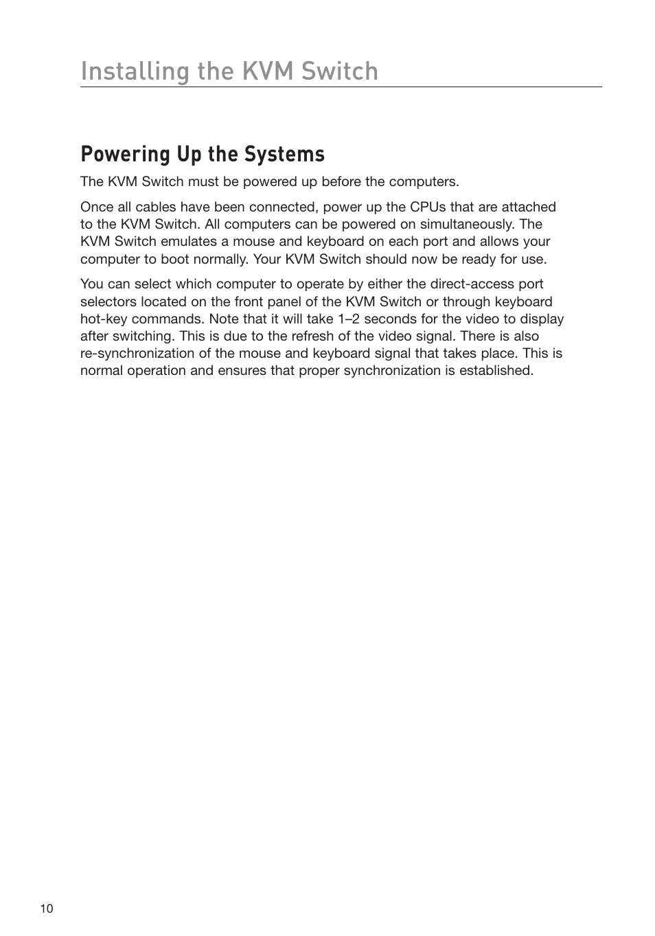 Installing the kvm switch, Powering up the systems | Belkin F1DD102L User Manual | Page 12 / 39