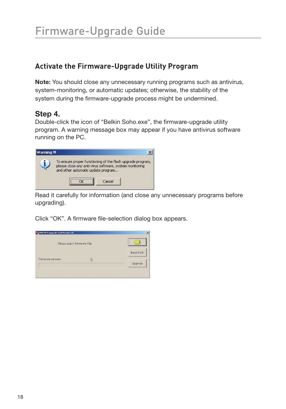 Firmware-upgrade guide, Activate the firmware-upgrade utility program, Step 4 | Belkin F1DD102L User Manual | Page 20 / 39