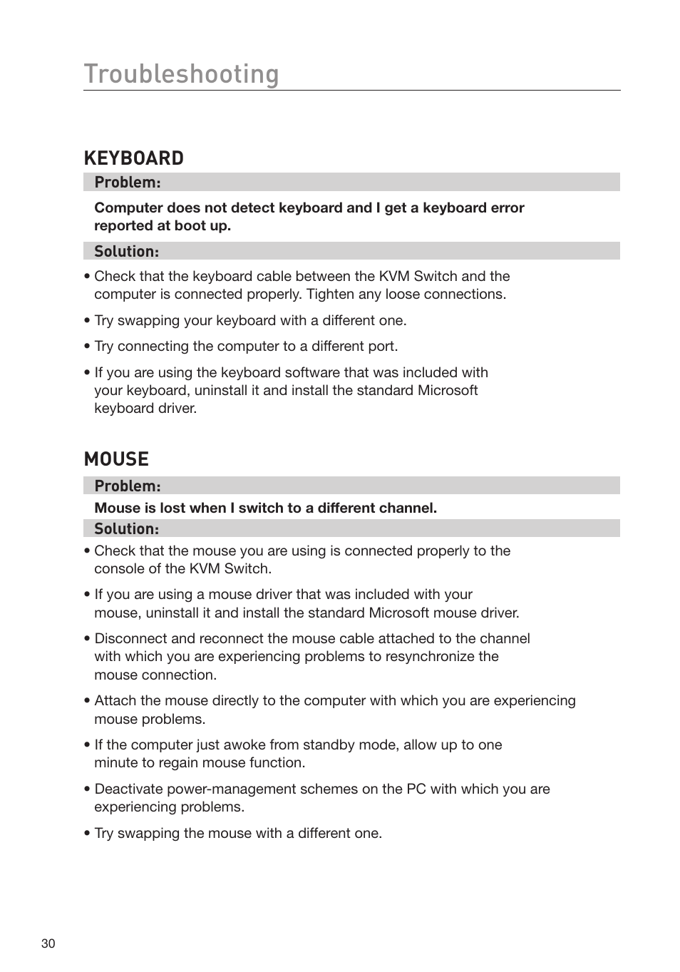 Troubleshooting, Keyboard, Mouse | Belkin F1DD102L User Manual | Page 32 / 39