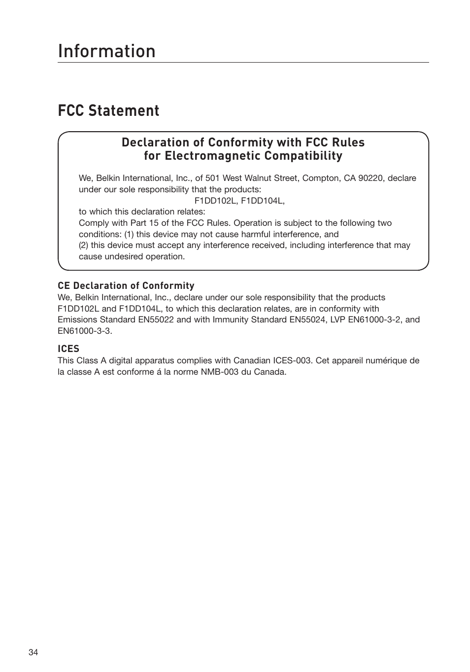Information, Fcc statement | Belkin F1DD102L User Manual | Page 36 / 39