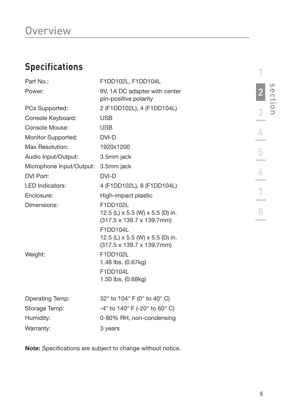 Overview, Specifications | Belkin F1DD102L User Manual | Page 7 / 39