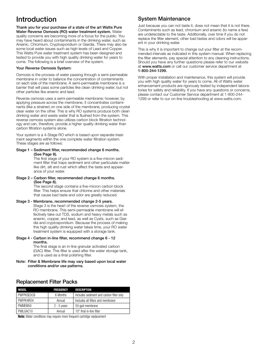 Introduction, System maintenance, Replacement filter packs | Watts PWRO4 User Manual | Page 2 / 16