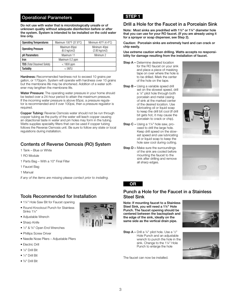 Operational parameters, Contents of reverse osmosis (ro) system, Tools recommended for installation | Drill a hole for the faucet in a porcelain sink, Step 1 | Watts PWRO4 User Manual | Page 3 / 16