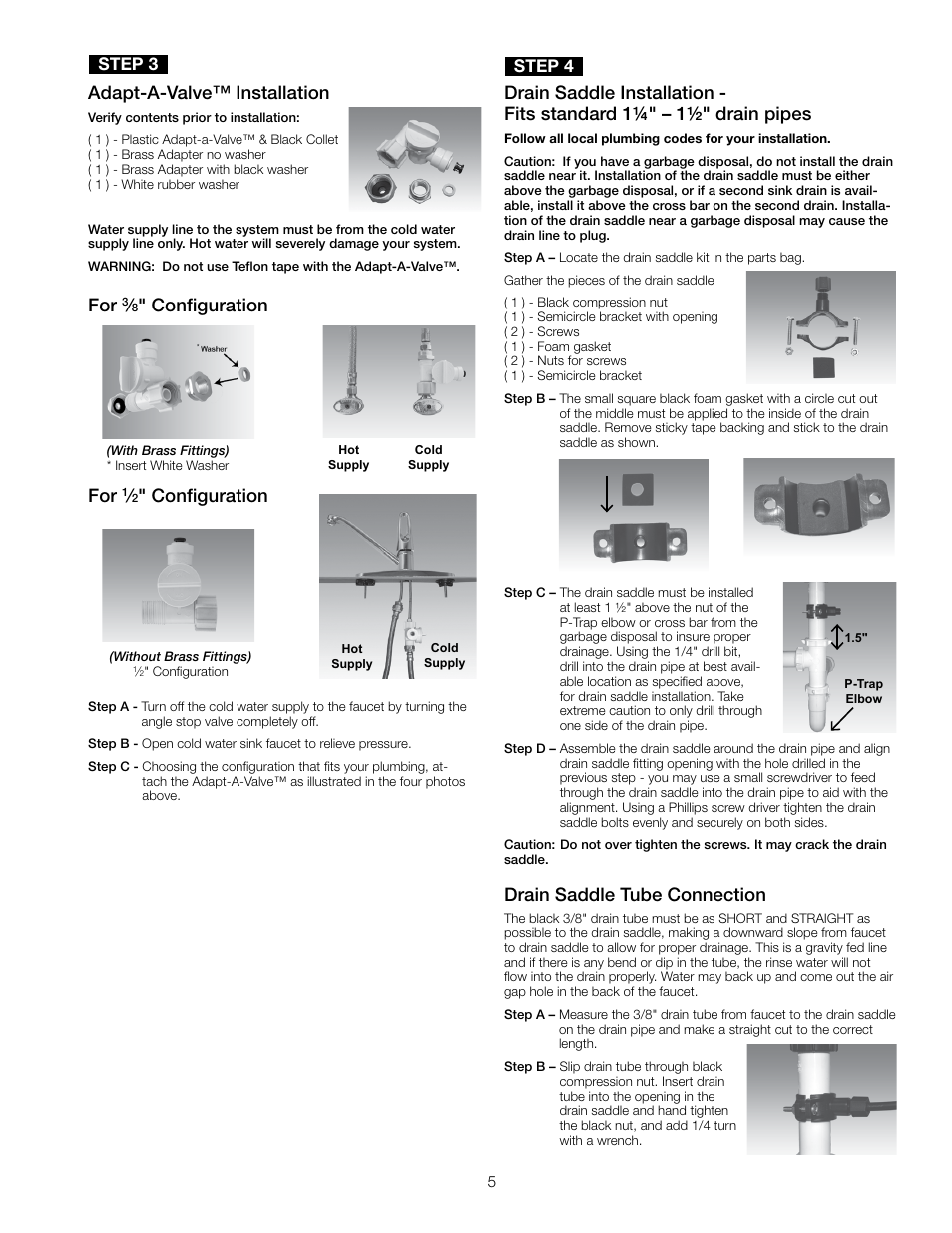 Adapt-a-valve™ installation, Configuration for, Configuration | Drain saddle tube connection, Step 3, Step 4 | Watts PWRO4 User Manual | Page 5 / 16