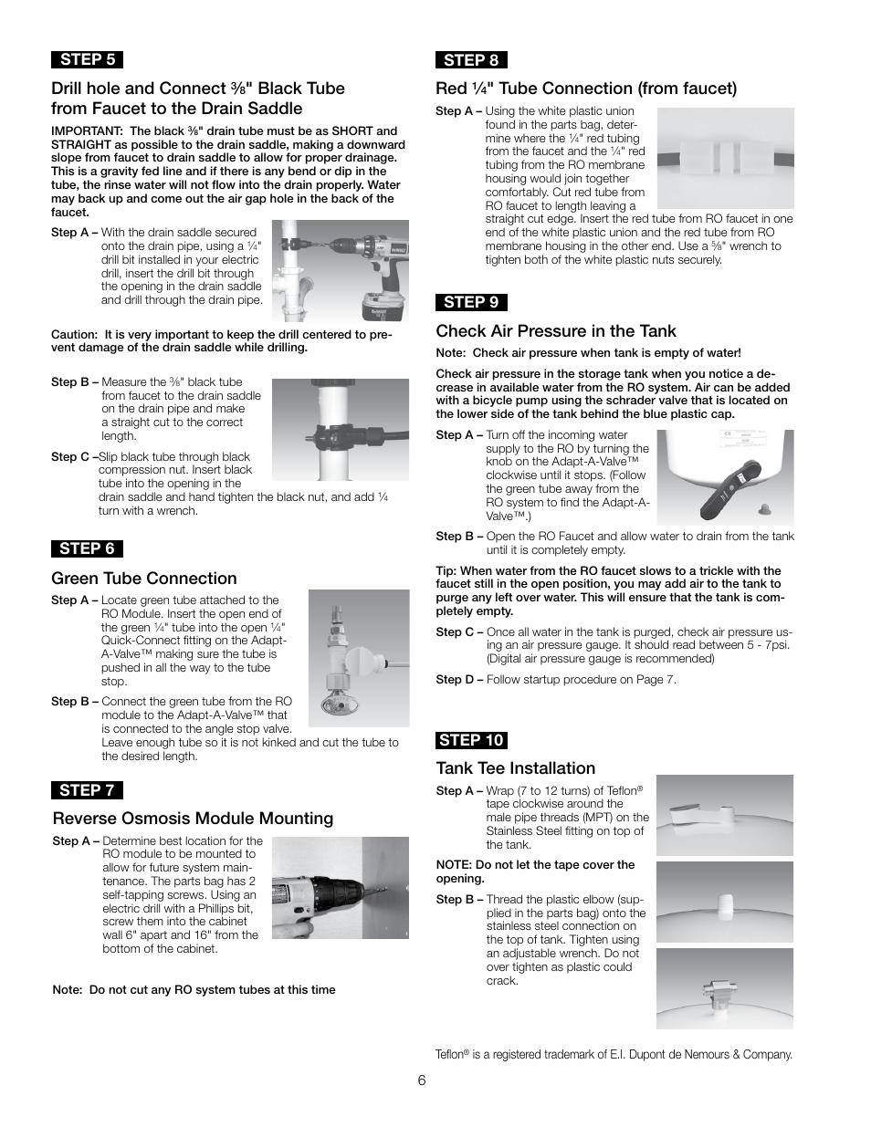 Drill hole and connect, Black tube from faucet to the drain saddle, Green tube connection | Reverse osmosis module mounting, Tube connection (from faucet), Tank tee installation, Check air pressure in the tank, Step 5 step 6, Step 7, Step 8 | Watts PWRO4 User Manual | Page 6 / 16