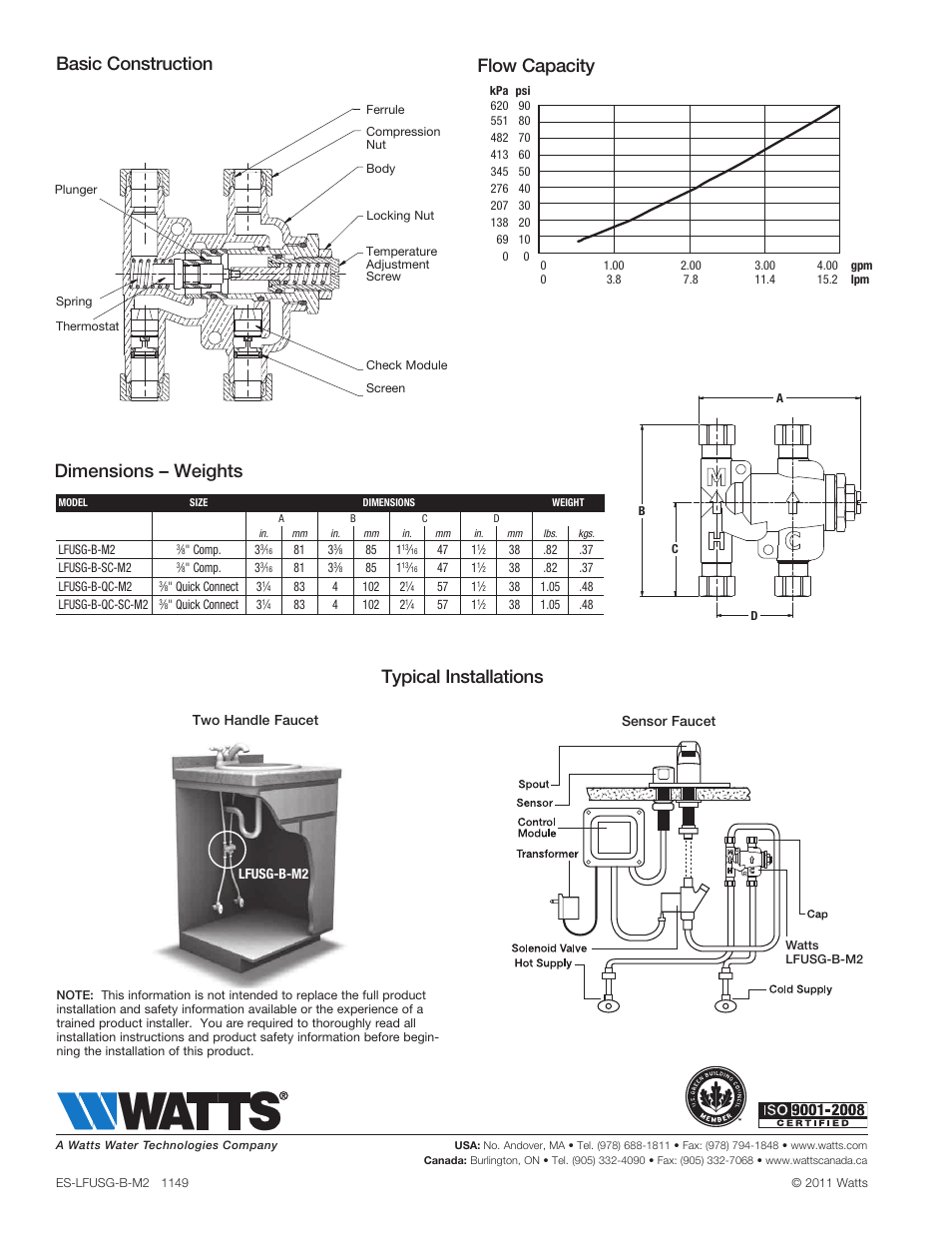 Flow capacity | Watts LFUSG-B User Manual | Page 2 / 2