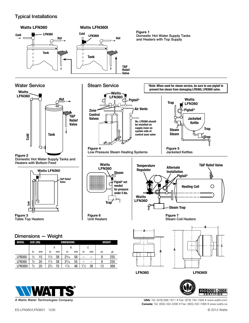 Dimensions — weight water service steam service, Typical installations | Watts LFN360I User Manual | Page 2 / 2