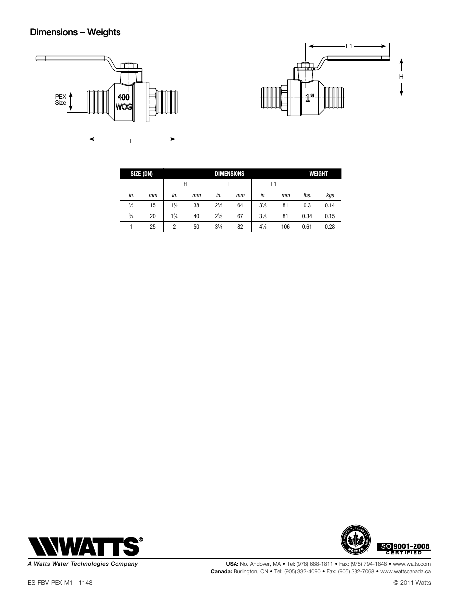 Dimensions – weights | Watts FBV-PEX-M1 User Manual | Page 2 / 2