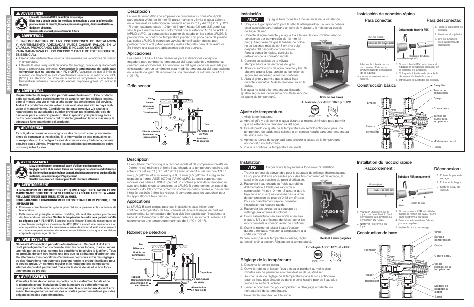 Description, Applications, Construction de base | Installation, Robinet de détection réglage de la température, Descripción, Aplicaciones, Construcción básica, Instalación, Grifo sensor ajuste de temperatura | Watts LFUSG-B User Manual | Page 2 / 2