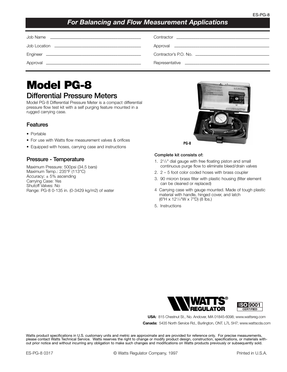 Watts PG-8 User Manual | 1 page