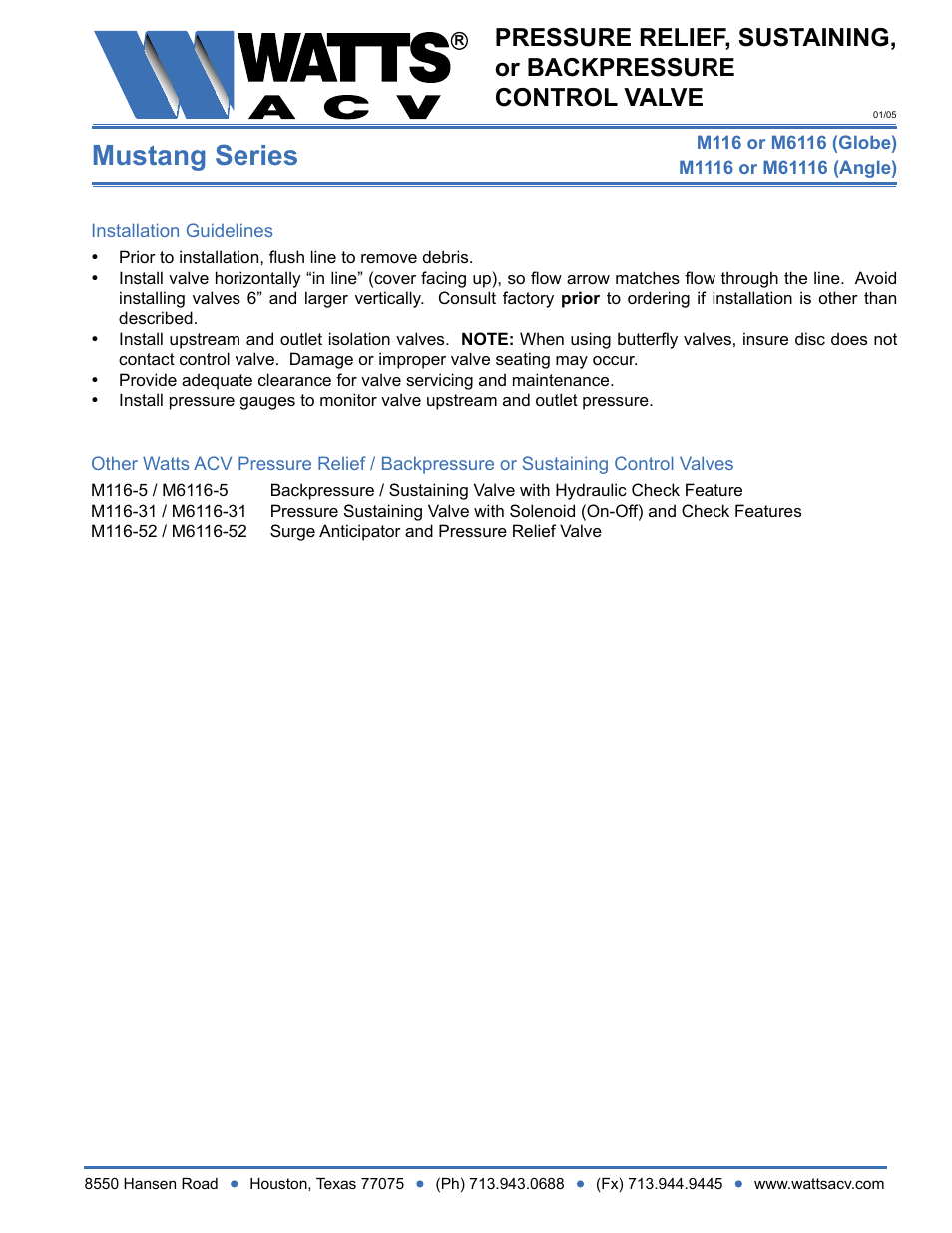 Mustang series | Watts M1116 User Manual | Page 2 / 2