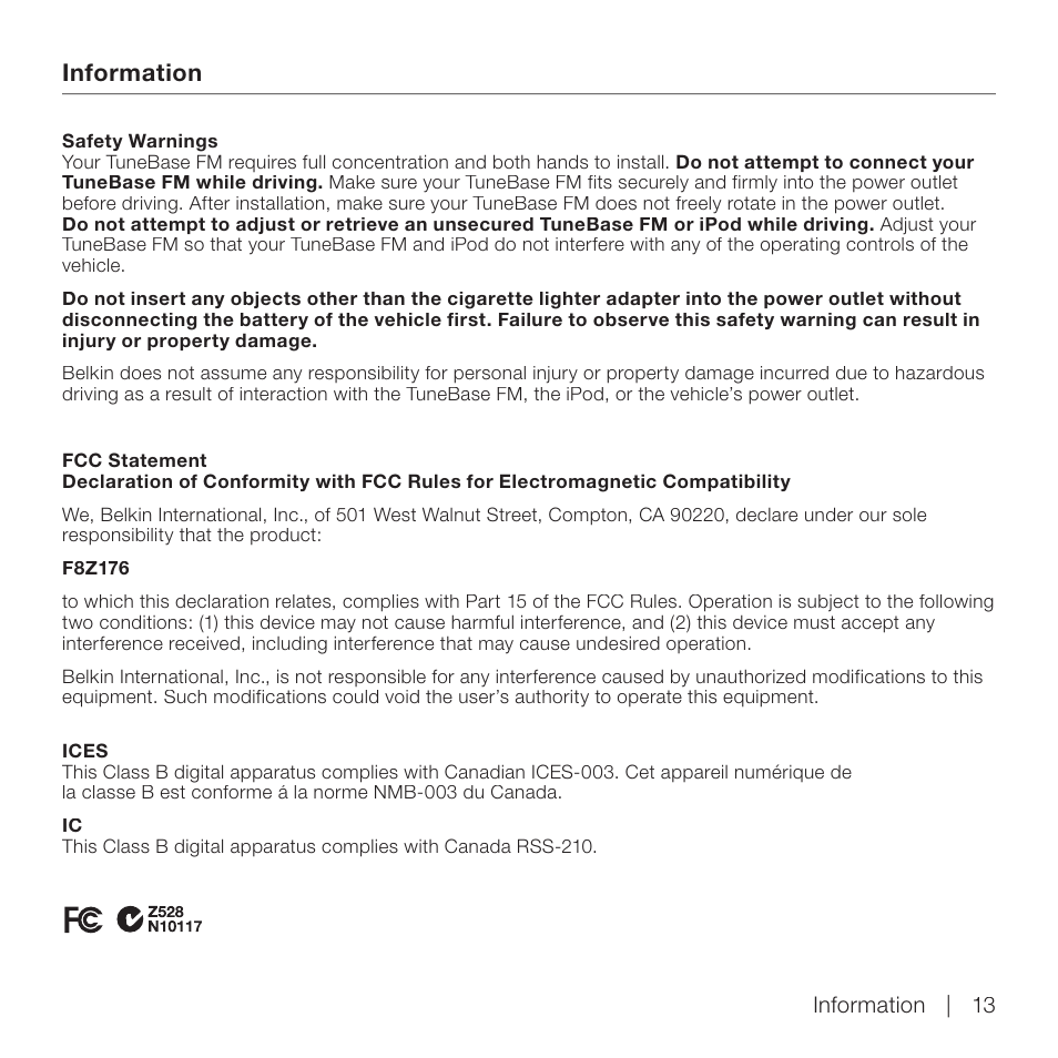 Information | Belkin TuneBase FM for iPod User Manual | Page 15 / 16