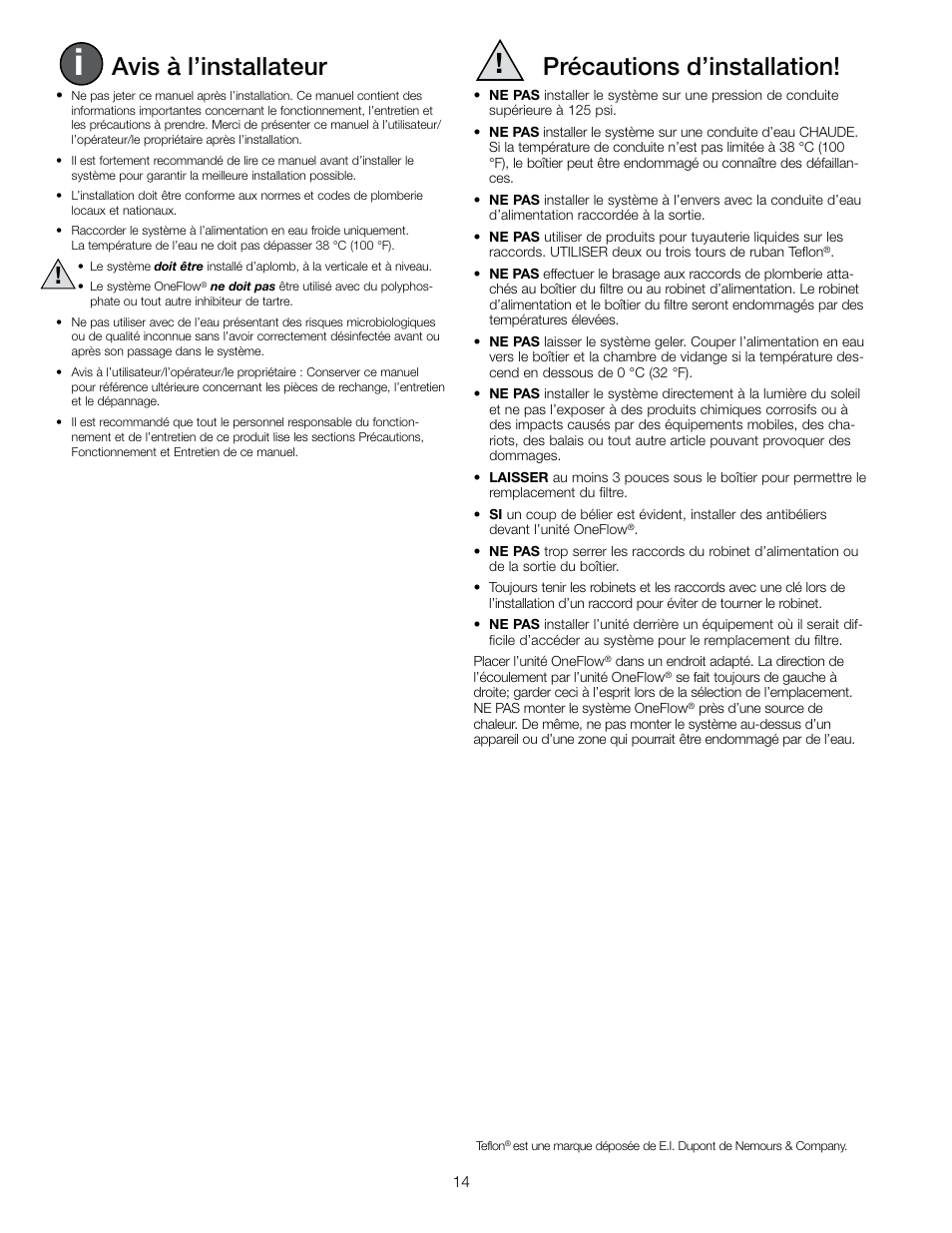 Avis à l’installateur, Précautions d’installation | Watts OF240-4 User Manual | Page 14 / 20
