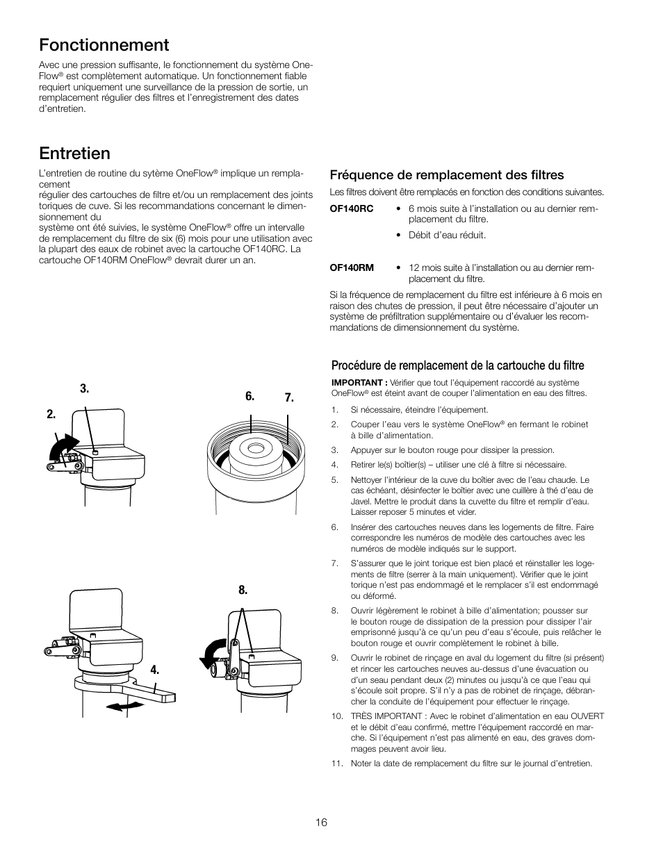 Entretien, Fonctionnement, Fréquence de remplacement des filtres | Watts OF240-4 User Manual | Page 16 / 20