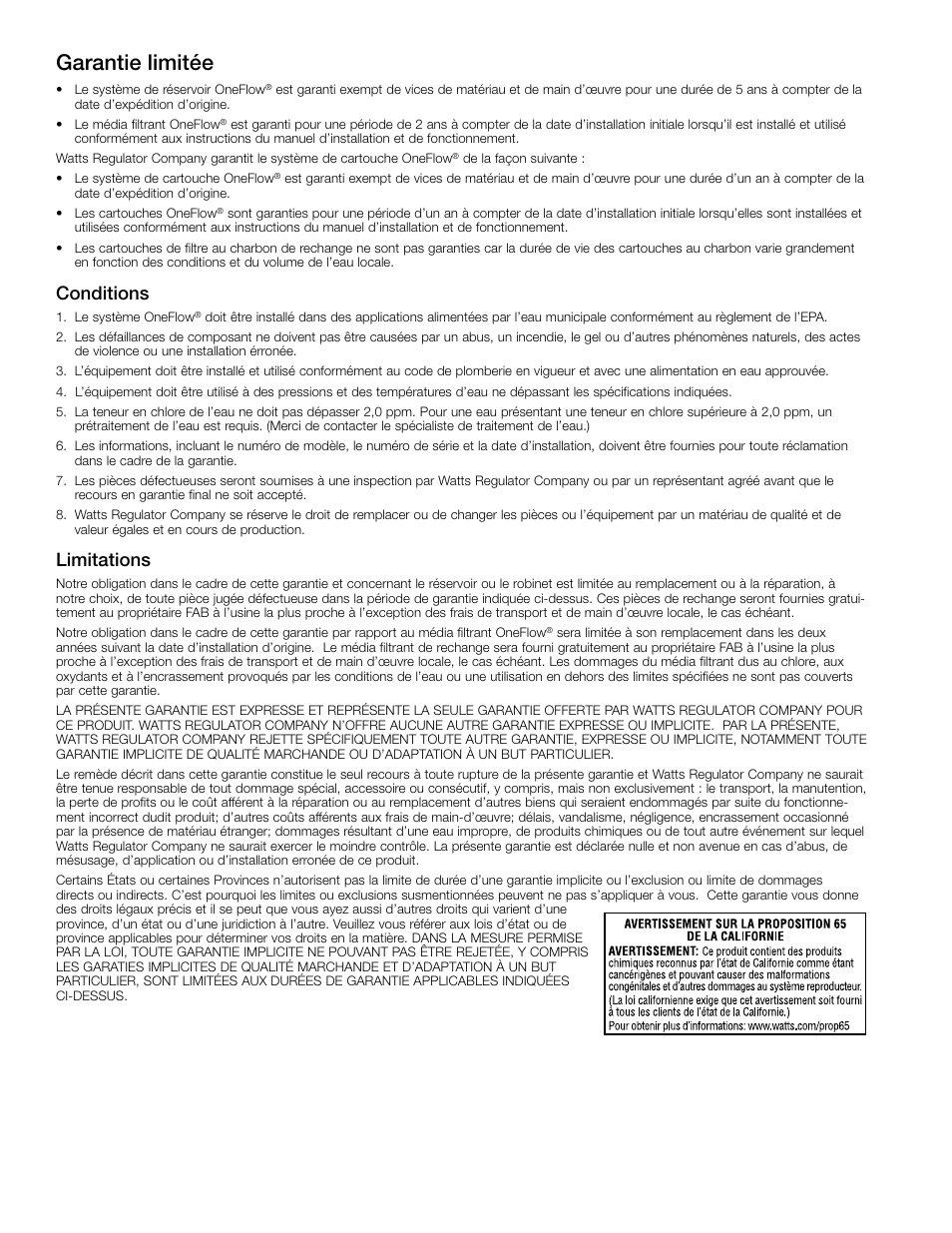 Garantie limitée, Conditions, Limitations | Watts OF240-4 User Manual | Page 18 / 20