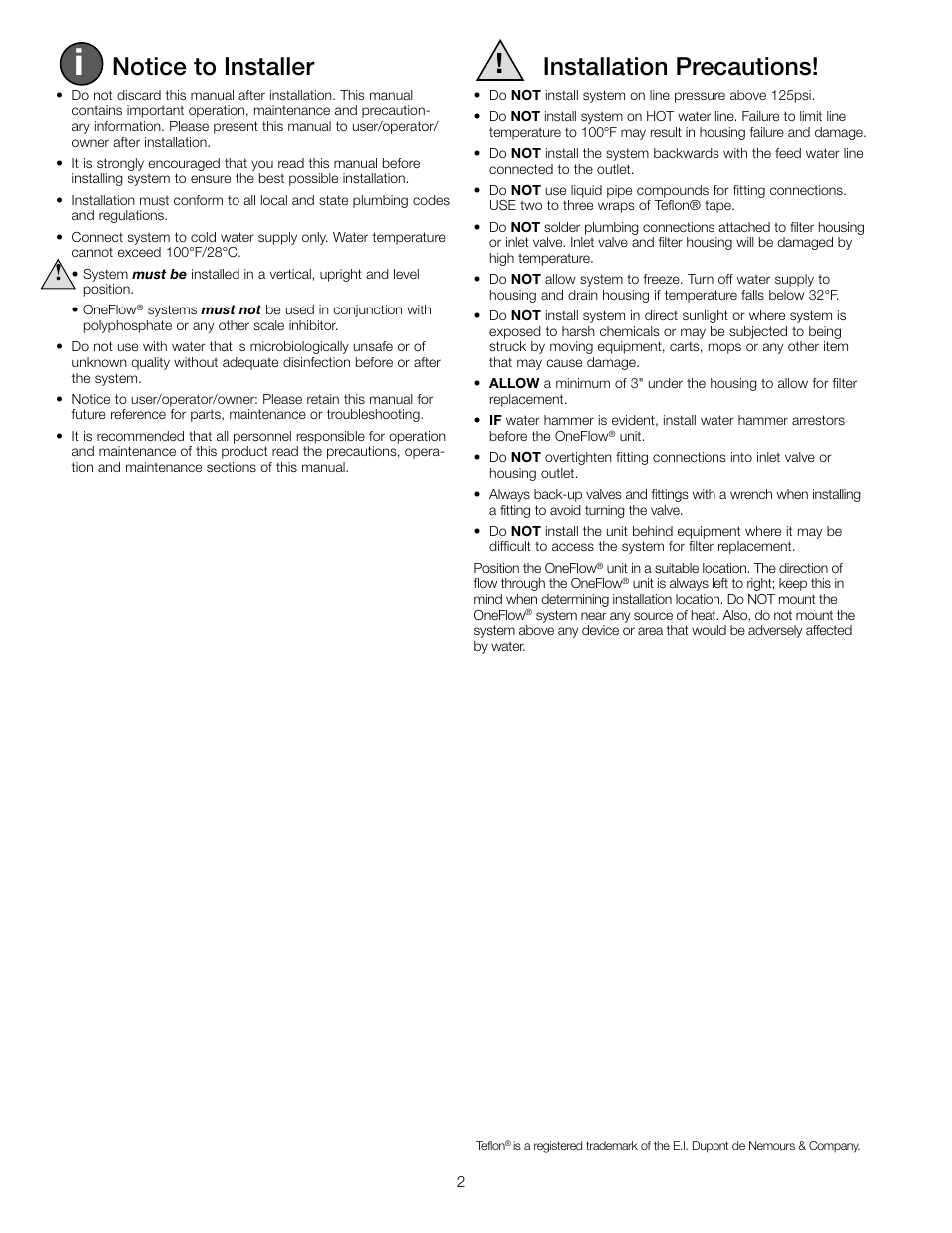 Notice to installer, Installation precautions | Watts OF240-4 User Manual | Page 2 / 20