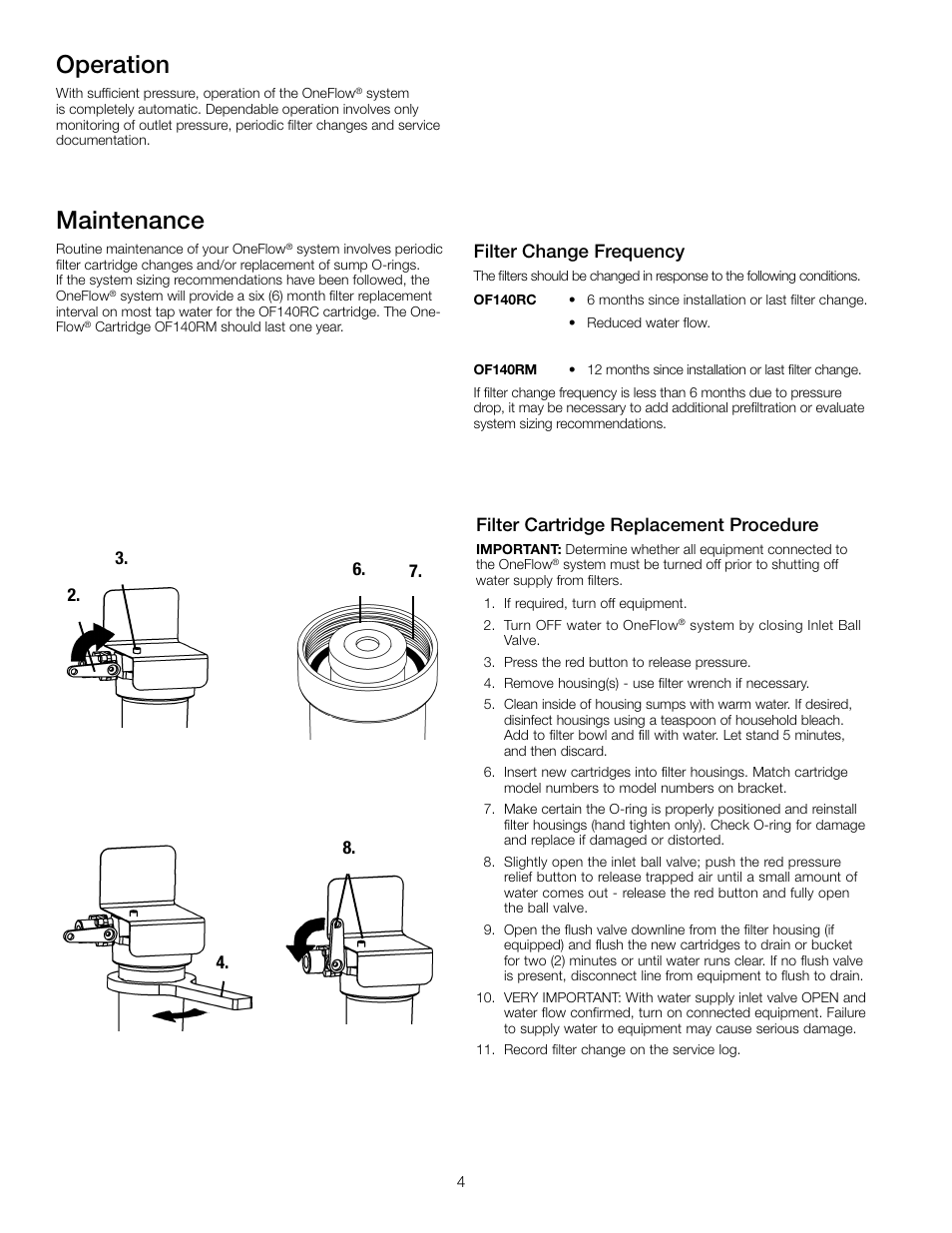 Maintenance, Operation, Filter cartridge replacement procedure | Filter change frequency | Watts OF240-4 User Manual | Page 4 / 20