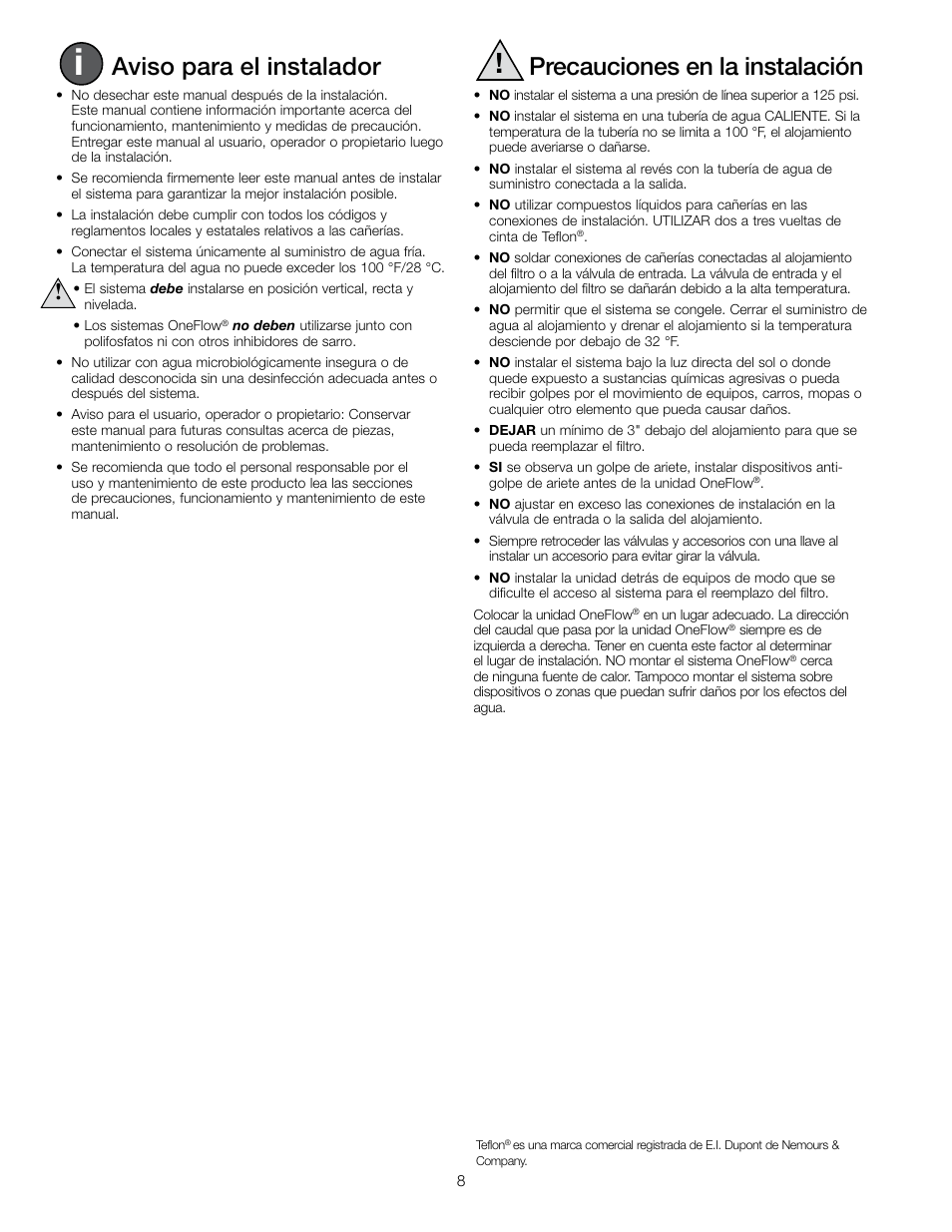 Aviso para el instalador, Precauciones en la instalación | Watts OF240-4 User Manual | Page 8 / 20