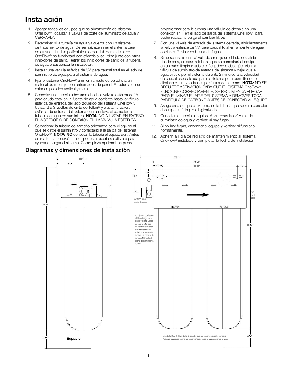 Instalación, Diagramas y dimensiones de instalación | Watts OF240-4 User Manual | Page 9 / 20