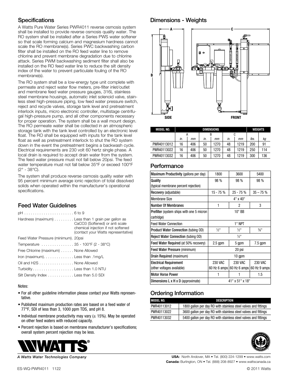 Specifications, Feed water guidelines, Dimensions - weights | Performance ordering information | Watts PWR4011 User Manual | Page 2 / 2