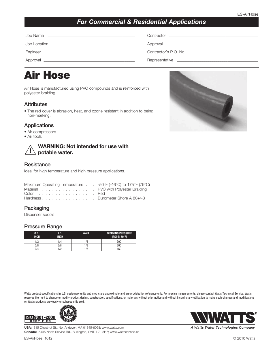 Watts Air Hose - Reels User Manual | 1 page