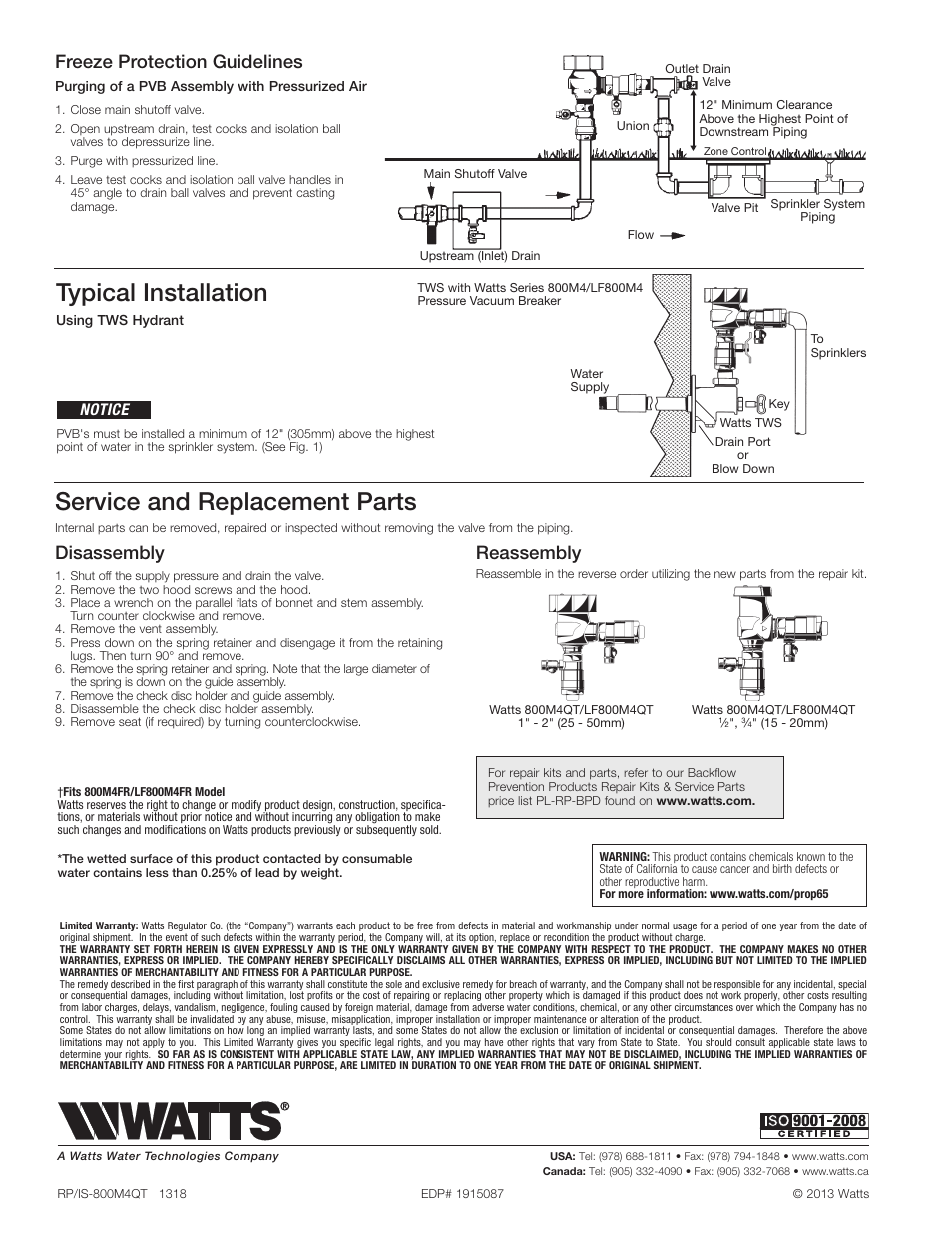 Typical installation, Service and replacement parts, Disassembly | Reassembly, Freeze protection guidelines, Notice | Watts LF800M4QT User Manual | Page 2 / 2