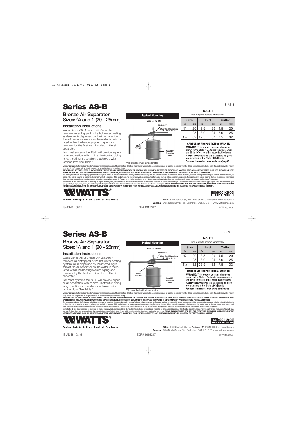 Watts AS-B User Manual | 1 page