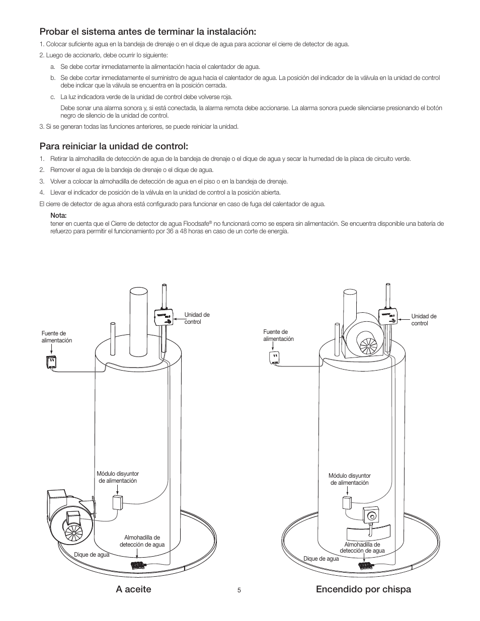 Probar el sistema antes de terminar la instalación, Para reiniciar la unidad de control, A aceite encendido por chispa | Watts LFWDS User Manual | Page 10 / 16