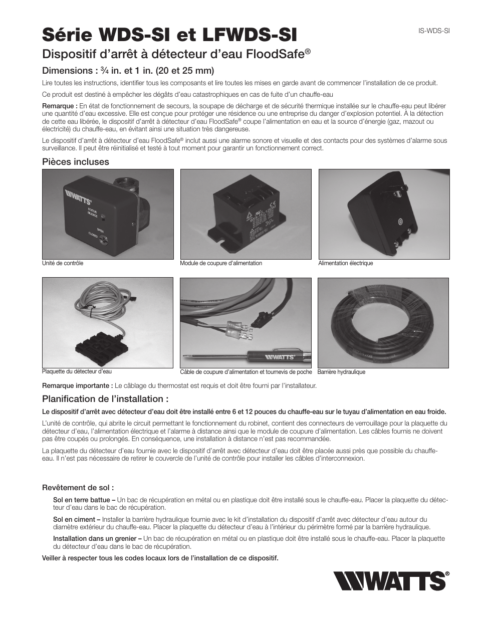 Série wds-si et lfwds-si, Dispositif d’arrêt à détecteur d’eau floodsafe | Watts LFWDS User Manual | Page 11 / 16