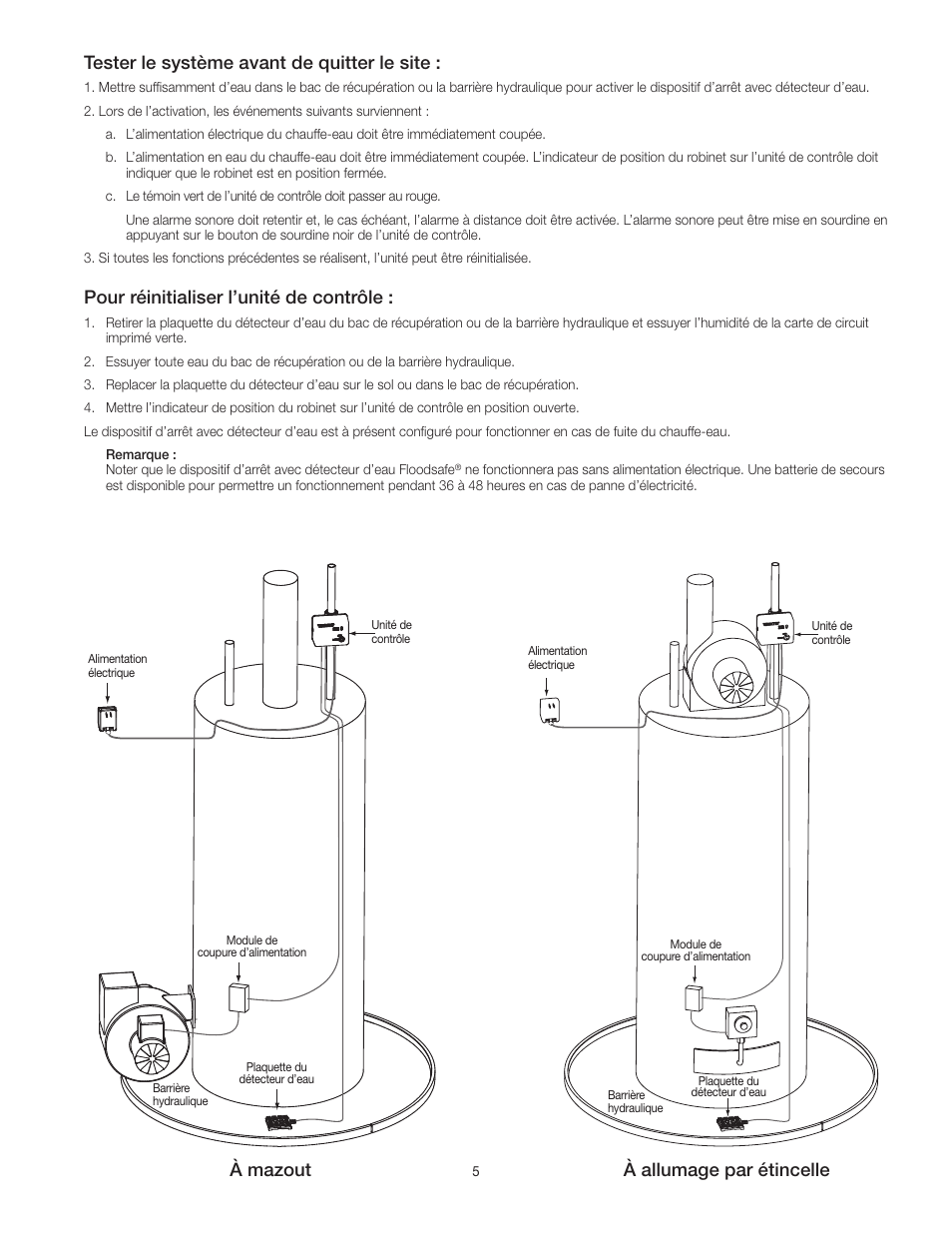 Tester le système avant de quitter le site, Pour réinitialiser l’unité de contrôle, À mazout à allumage par étincelle | Watts LFWDS User Manual | Page 15 / 16