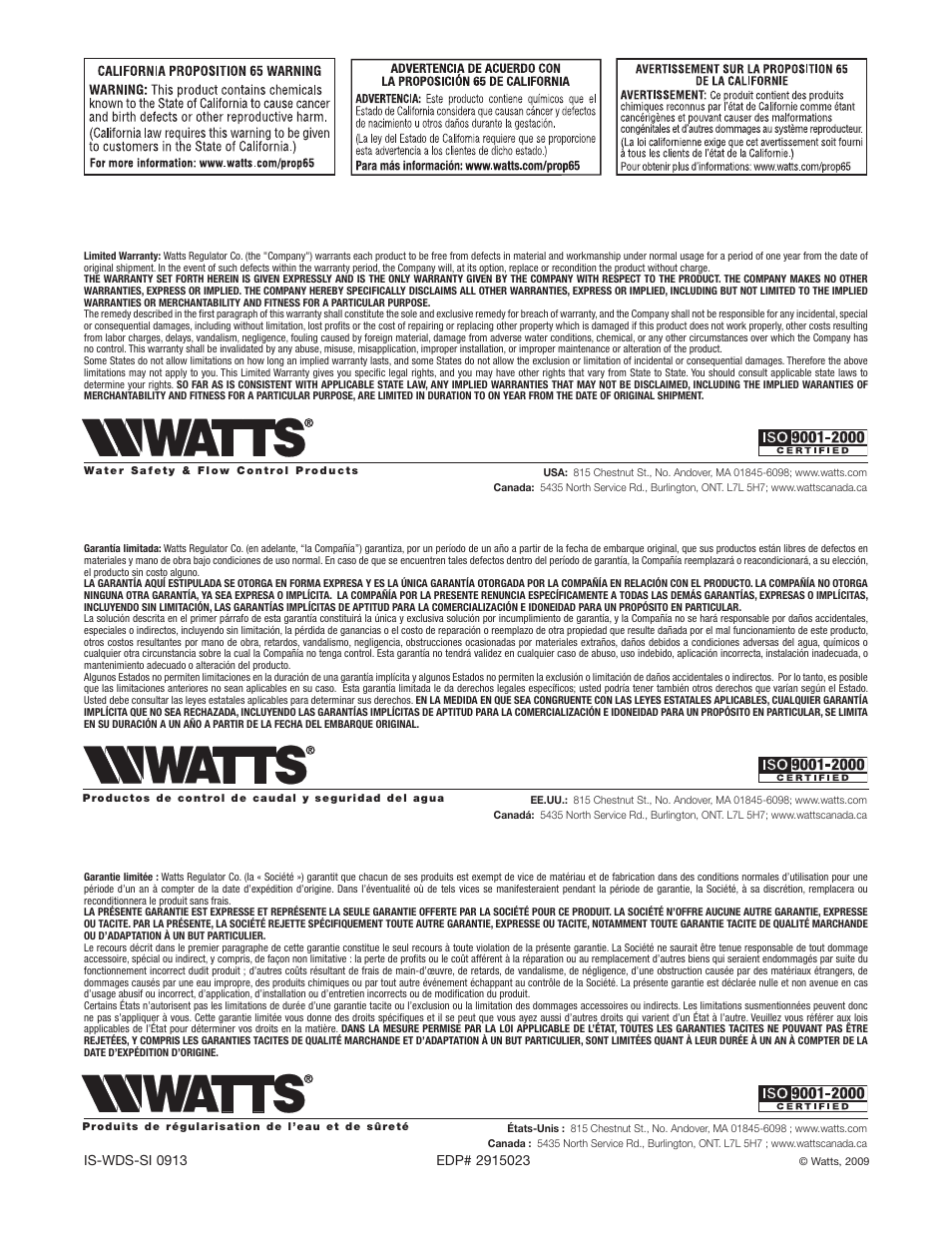 Watts LFWDS User Manual | Page 16 / 16