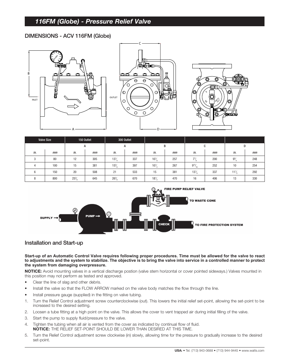 116fm (globe) - pressure relief valve, Dimensions - acv 116fm (globe), Installation and start-up | 125 by: checked by: revision: supercedes | Watts 116FM User Manual | Page 2 / 4