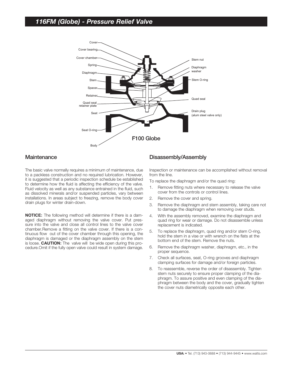 116fm (globe) - pressure relief valve, Maintenance, Disassembly/assembly | F100 globe | Watts 116FM User Manual | Page 3 / 4