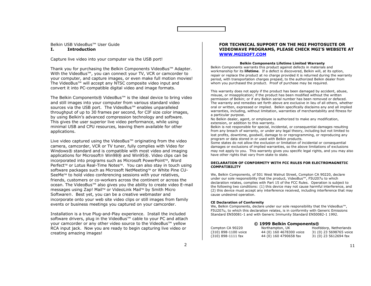 I. introduction, Belkin components lifetime limited warranty, Ce declaration of conformity | Belkin F5U206 User Manual | Page 2 / 6
