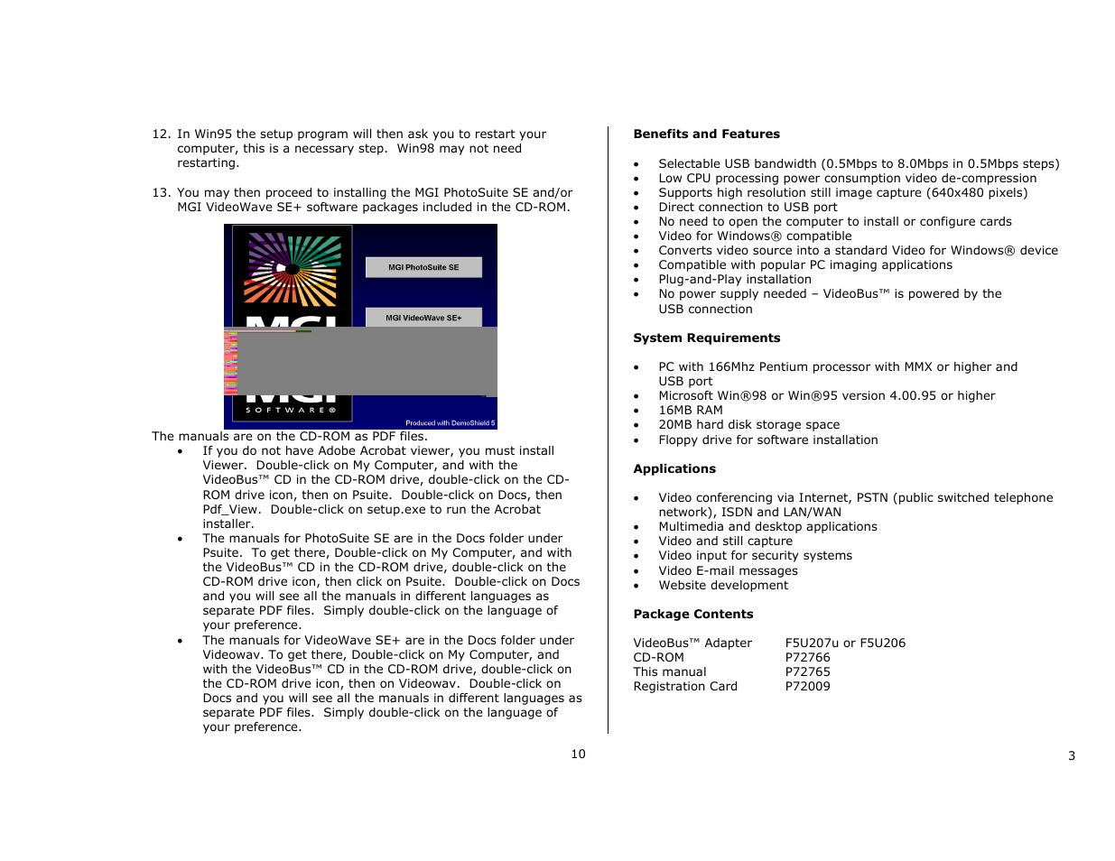 Benefits and features, System requirements, Applications | Package contents | Belkin F5U206 User Manual | Page 3 / 6