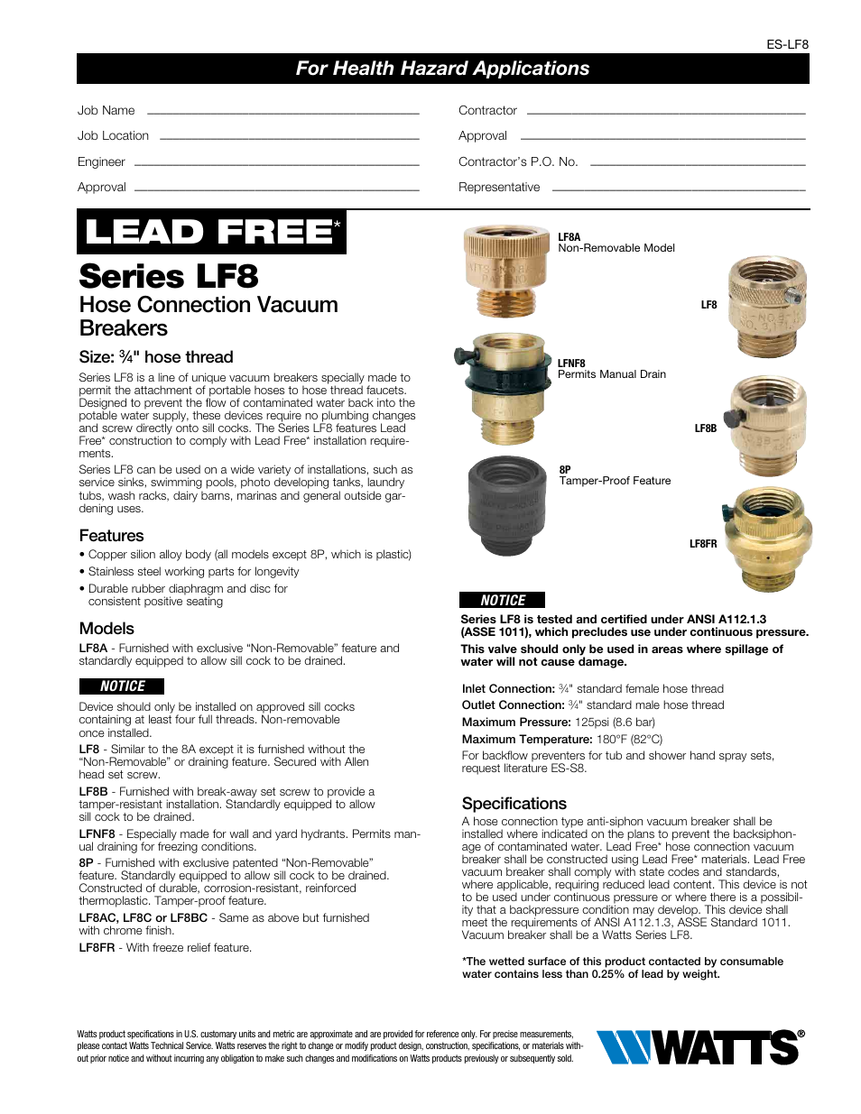 Watts LF8 User Manual | 2 pages