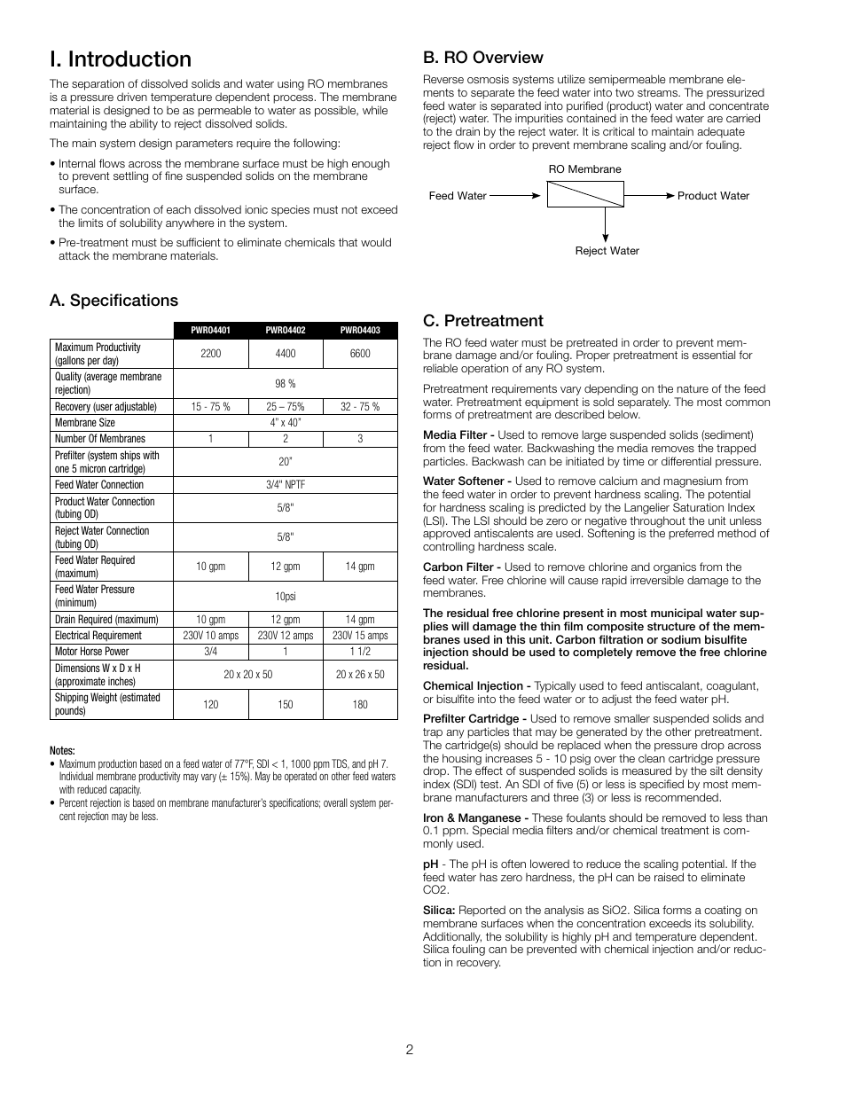 I. introduction, C. pretreatment, A. specifications | B. ro overview | Watts PWRO440 User Manual | Page 2 / 8