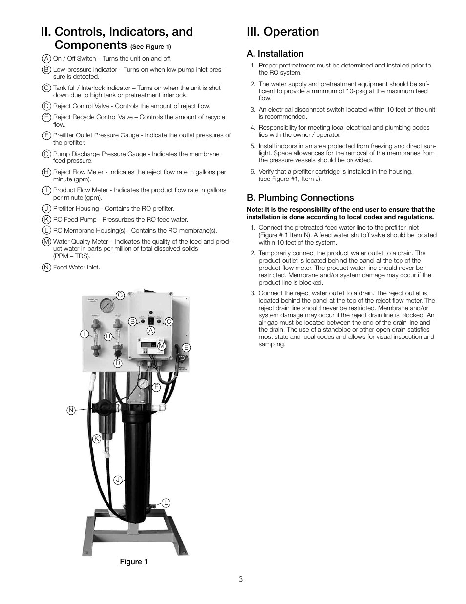 Ii. controls, indicators, and components, Iii. operation, A. installation | B. plumbing connections | Watts PWRO440 User Manual | Page 3 / 8